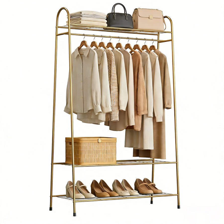 KSSKSS 3-Tier Heavy Duty Metal Clothes Rack with Storage Mesh Shelves – Free-Standing Garment Rack, Holds Clothes, Strong Load-Bearing, Easy Assembly for Entryway, Bedroom, and Balcony