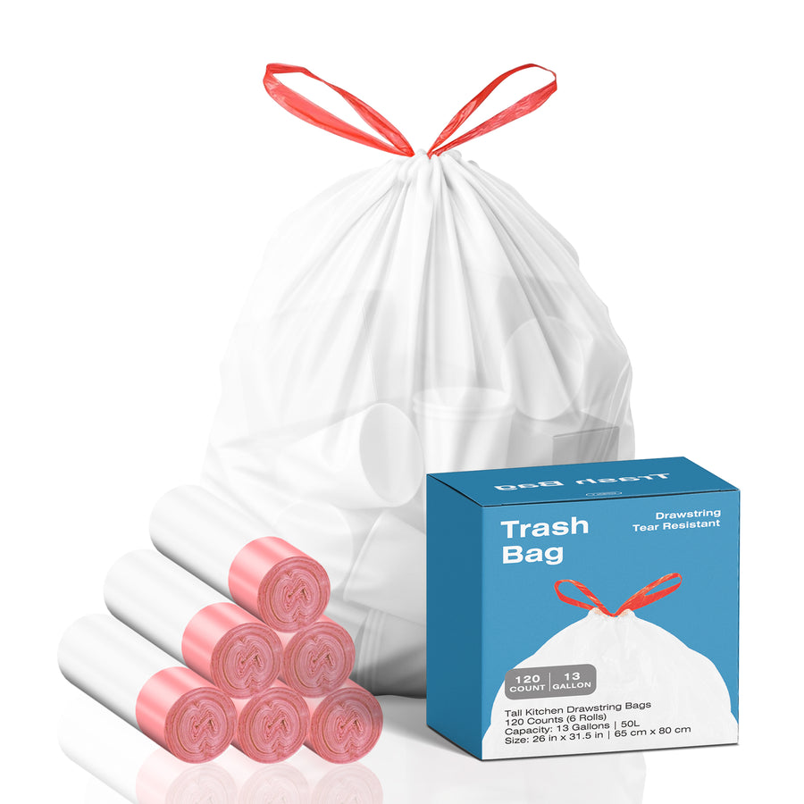 KSSKSS 13 Gallon Tall Kitchen Drawstring Trash Bags,120 Count,Leak Proof, White, Unscented, Suitable for Kitchen, Office, Home